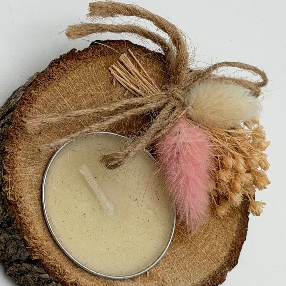 Rustic Wood Slice Tealight‎ Candle Favor with Dried Flowers Boho Wedding Decor
